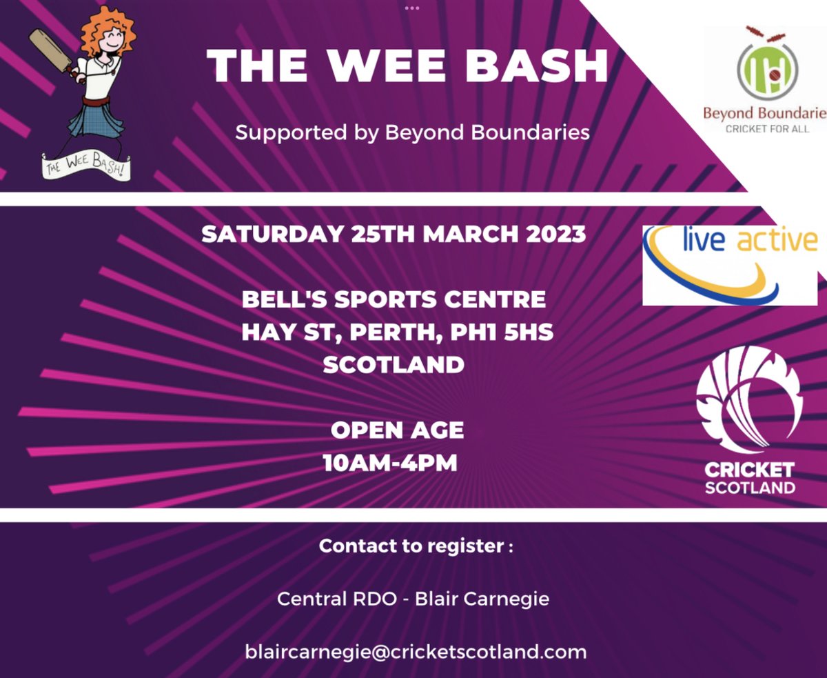 Good luck to our Women & Girls who are taking part in the Wee Bash at Bell’s Sport Centre tomorrow! Have fun 🏏😊

#Dunblane #cranes #CricketForAll 
@activestirling1 @ClubSportStlg @DunblaneHSSport @DunblanePrimary @NewtonPrimary01 @stmaryseps @CricketBeyond @CS_Development