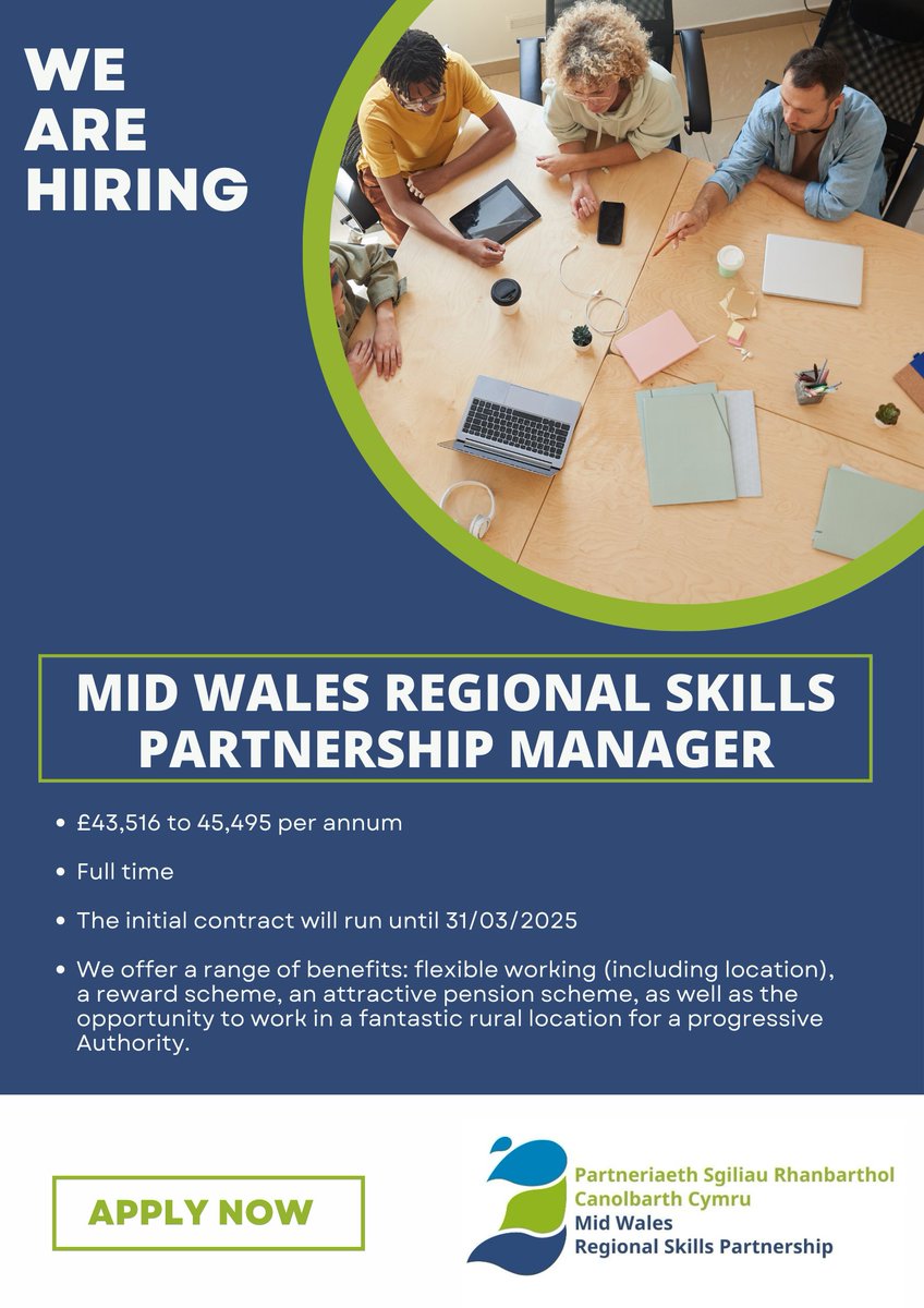 📣We're hiring! Mid Wales Regional Skills Partnership Manager 
£43,516 to 45,495 per annum. Full time. Flexible worker position.
Apply by 30/03/2023
Play a key role to lead and champion the skills agenda across Powys and Ceredigion
👉en.powys.gov.uk/view-job?pageS…
