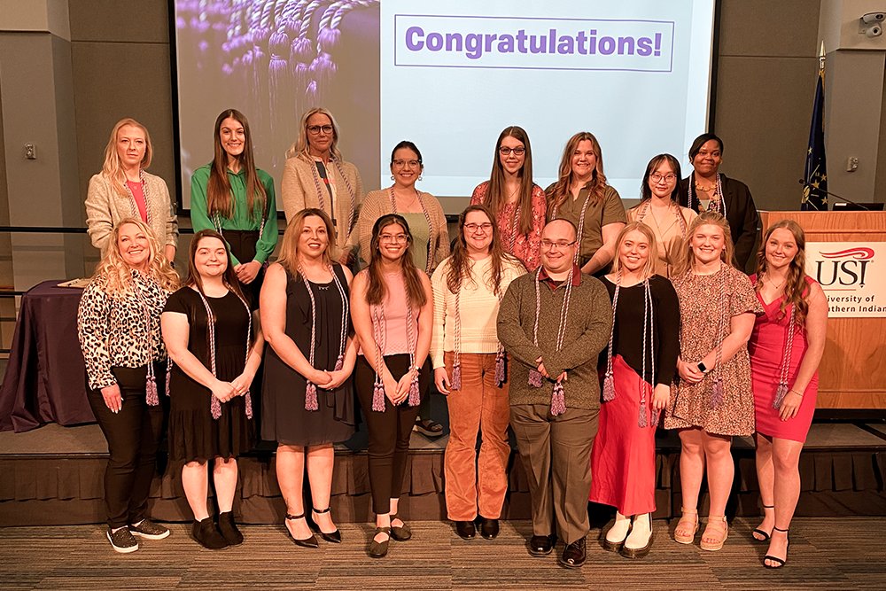 USI_CNHP's tweet photo. Congratulations to the new members of the USI chapter of the International Honor Society for Nursing – Sigma Theta Tau! Guest speaker was Jordan Morrison with the Pulmonary &amp; Critical Care Medicine Group at Deaconess. He and his wife, Kristen, are both USI Nursing grads! https://t.co/Qw3Y3f8kdt