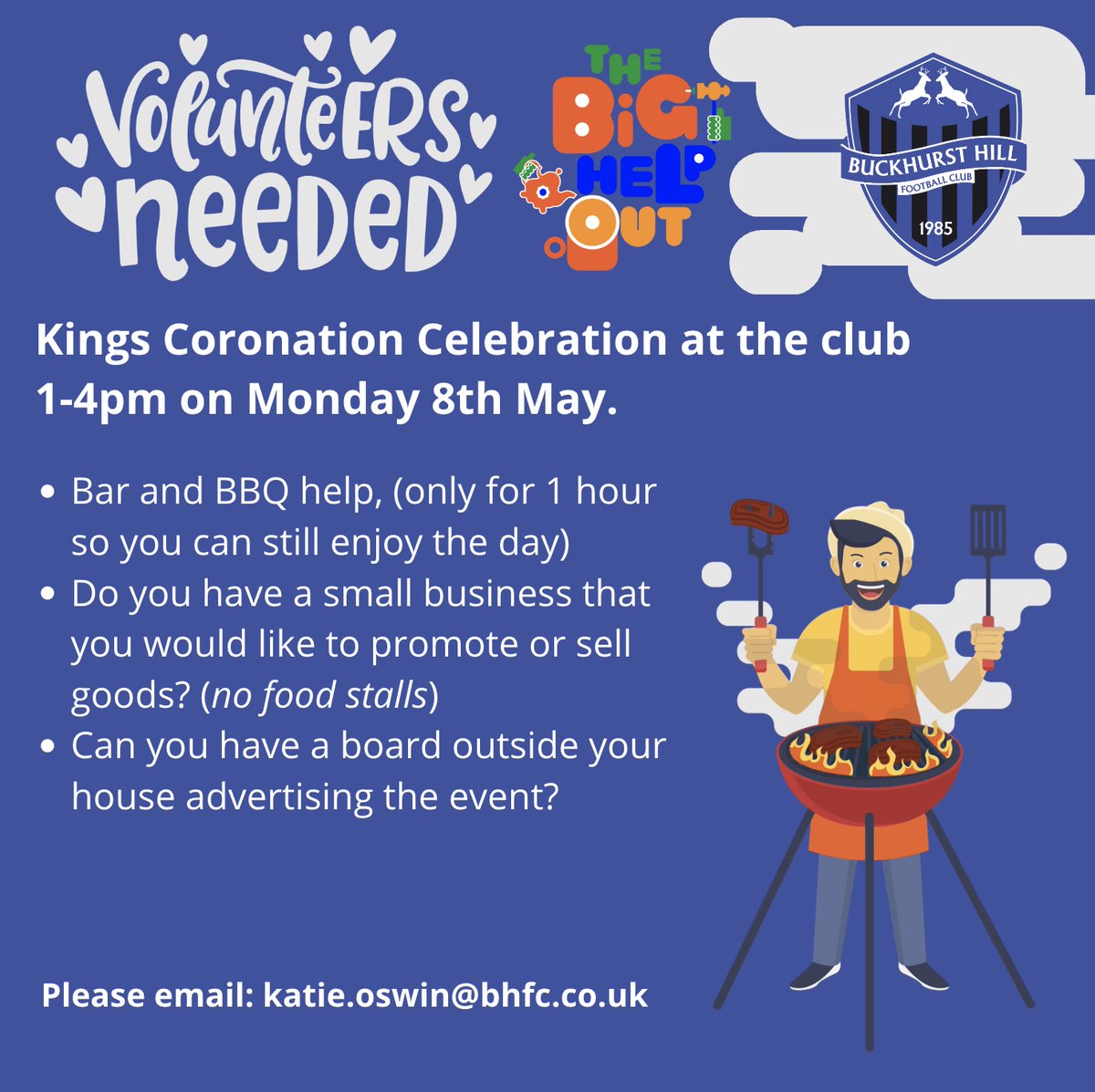 buckhursthillfc's tweet photo. ⚠️Volunteers needed for the Kings 🤴 Coronation Celebration on Mon May 8th from 1-4 pm. Help us make it a memorable event! 
Bar and BBQ help (only for 1 hour so you can still enjoy the day)
Have a stall or a board outside your house
 #volunteers #communityevent #KingsCoronation https://t.co/nasi1n99sF