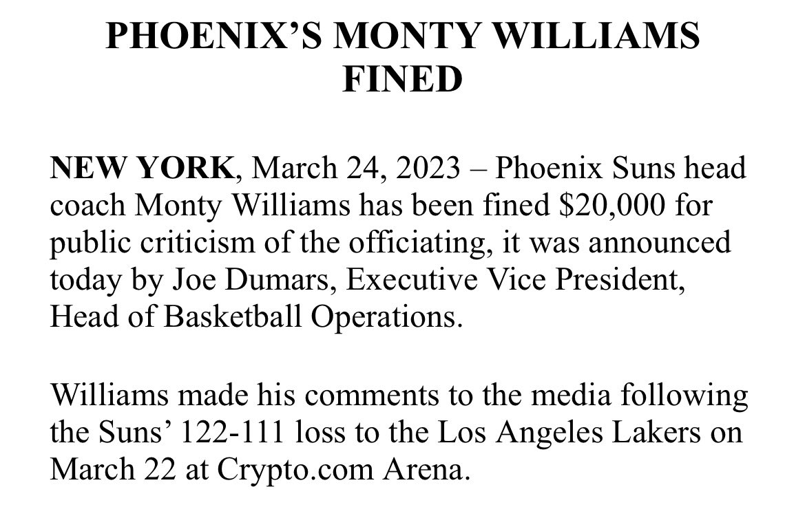 Melissa Rohlin on Twitter "Suns coach Monty Williams has been fined