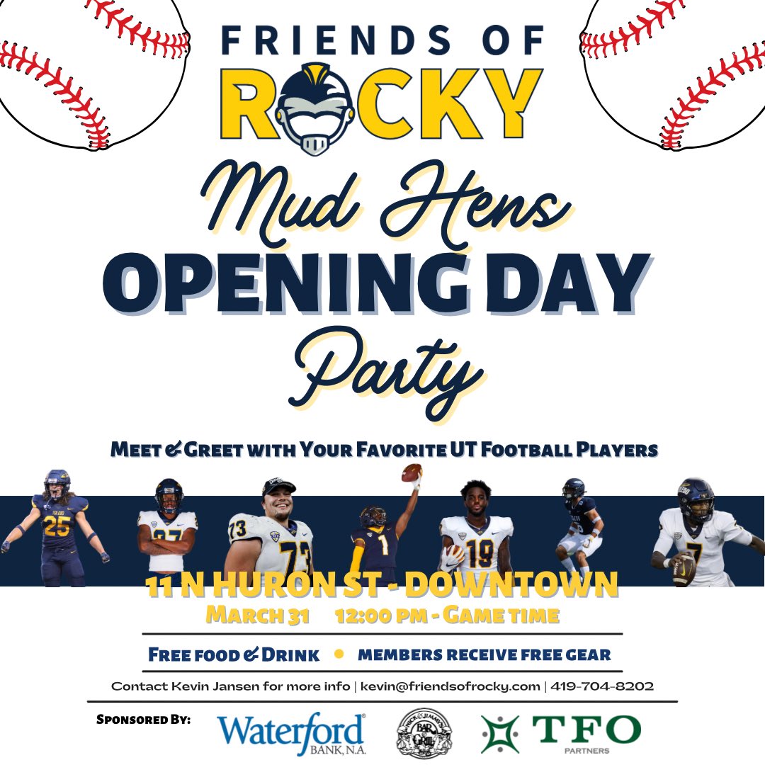 Friends of Rocky (@friendofrocky) on Twitter photo We know you’re excited about <a href="/MudHens/">Toledo Mud Hens</a> Opening Day and we’re throwing a FREE pre-game party with your favorite <a href="/ToledoFB/">Toledo Football</a> players to celebrate! 🚀⚾️
Members get special access and swag at the event. Sign up today: friendsofrocky.com/donor/membersh…
#GoRockets | #FriendsofRocky #NIL We know you’re excited about <a href="/MudHens/">Toledo Mud Hens</a> Opening Day and we’re throwing a FREE pre-game party with your favorite <a href="/ToledoFB/">Toledo Football</a> players to celebrate! 🚀⚾️
Members get special access and swag at the event. Sign up today: friendsofrocky.com/donor/membersh…
#GoRockets | #FriendsofRocky #NIL