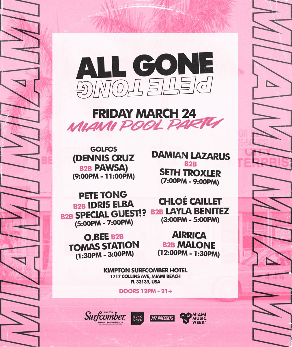 Today’s set times
<a href="/idriselba/">Idris Elba</a> <a href="/damianlazarus/">Damian Lazarus</a> <a href="/sethtroxler/">Here's Troxy</a> <a href="/denniscruzdj/">Dennis Cruz</a> <a href="/PAWSAofficial/">PAWSA</a> #ChloeCaillet #LaylaBenitez <a href="/TomasStation/">Tomas Garcia Station</a> #Obee <a href="/AllGonePT/">All Gone Pete Tong</a>