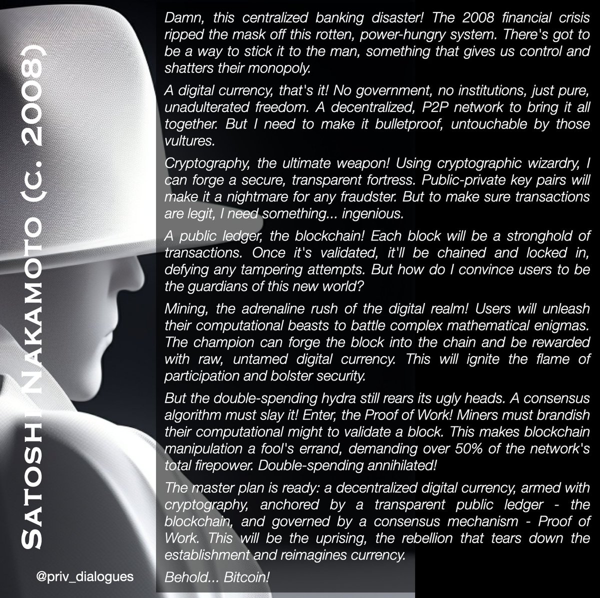 The inner dialogue of #SatoshiNakamoto back in 2008 at a made up eureka-moment of conceiving #bitcoin. #cryptocurrency. #Blockchain #Crypto #BTC #DigitalCurrency #FinTech #Decentralization #Innovation #PrivateDialogues
