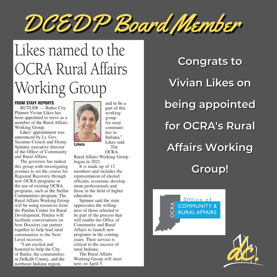 DeKalbEDP's tweet photo. DCEDP would like to congratulate Vivian Likes on being appointed for .@IndianaOCRA's working group! 
#dcedp #dekalbedp #InvestDeKalb
Link to article: https://t.co/OMMYTbqCsE https://t.co/6z2QGZtKTK