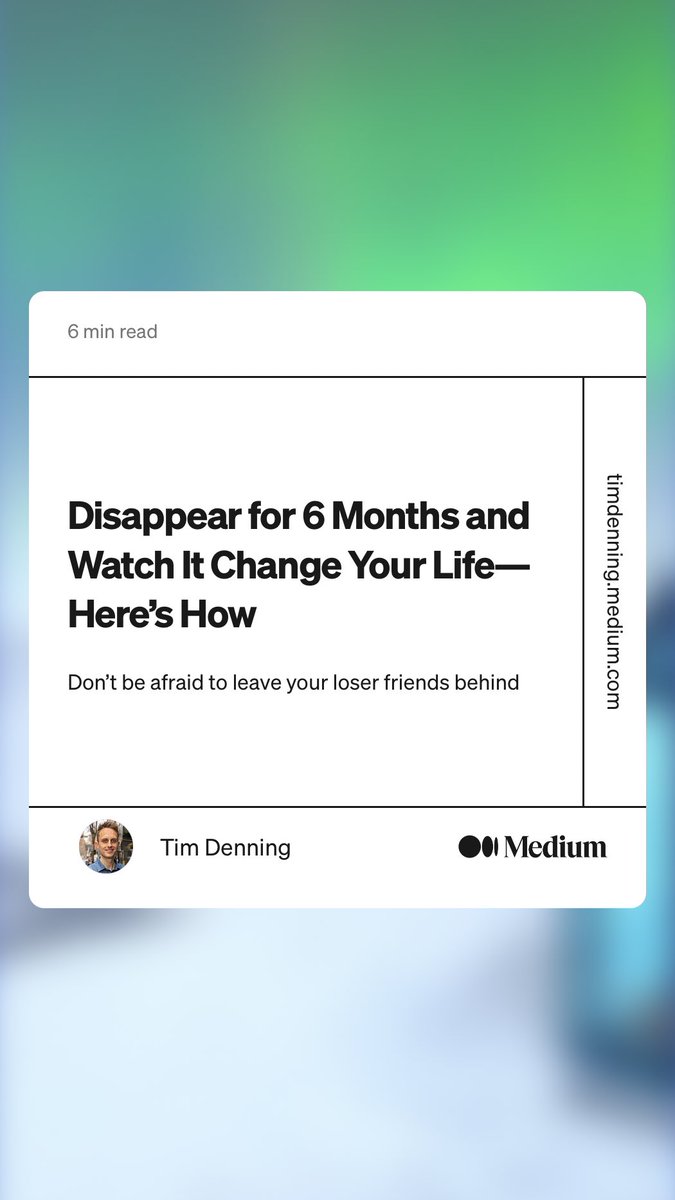 isatender's tweet photo. “Disappear for 6 Months and Watch It Change Your Life — Here’s How” by Tim Denning
https://t.co/kllsurw2oh https://t.co/PPn8pClNMp