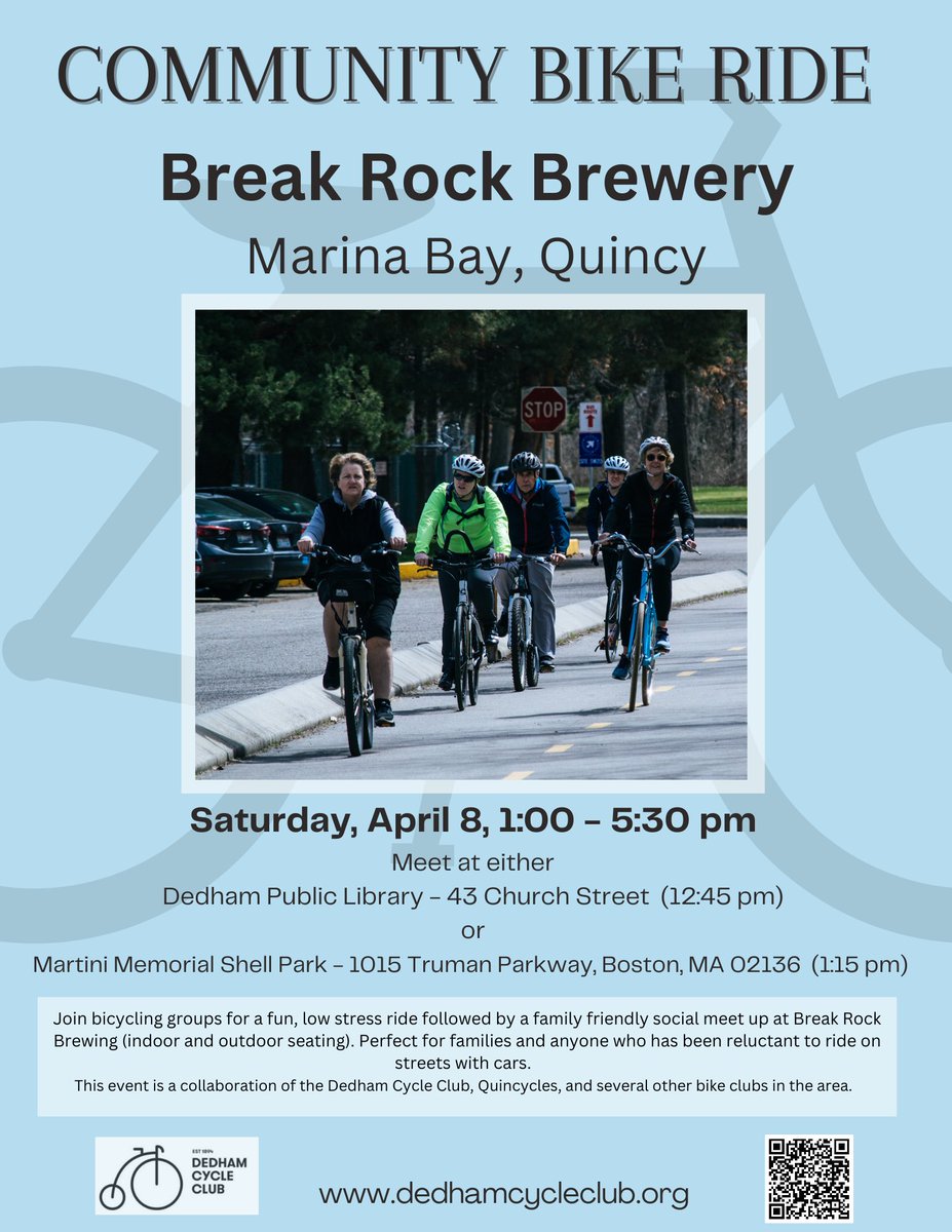 DedhamCycleClub's tweet photo. Join us April 8 for a ride to @BreakRockBrew in collab with @WestRoxBikes @BikeMilton @QuincyclesMA @rozziebikes 
All skill levels welcome!! 

https://t.co/kIIQbTK9Pw https://t.co/hz906i2K0l