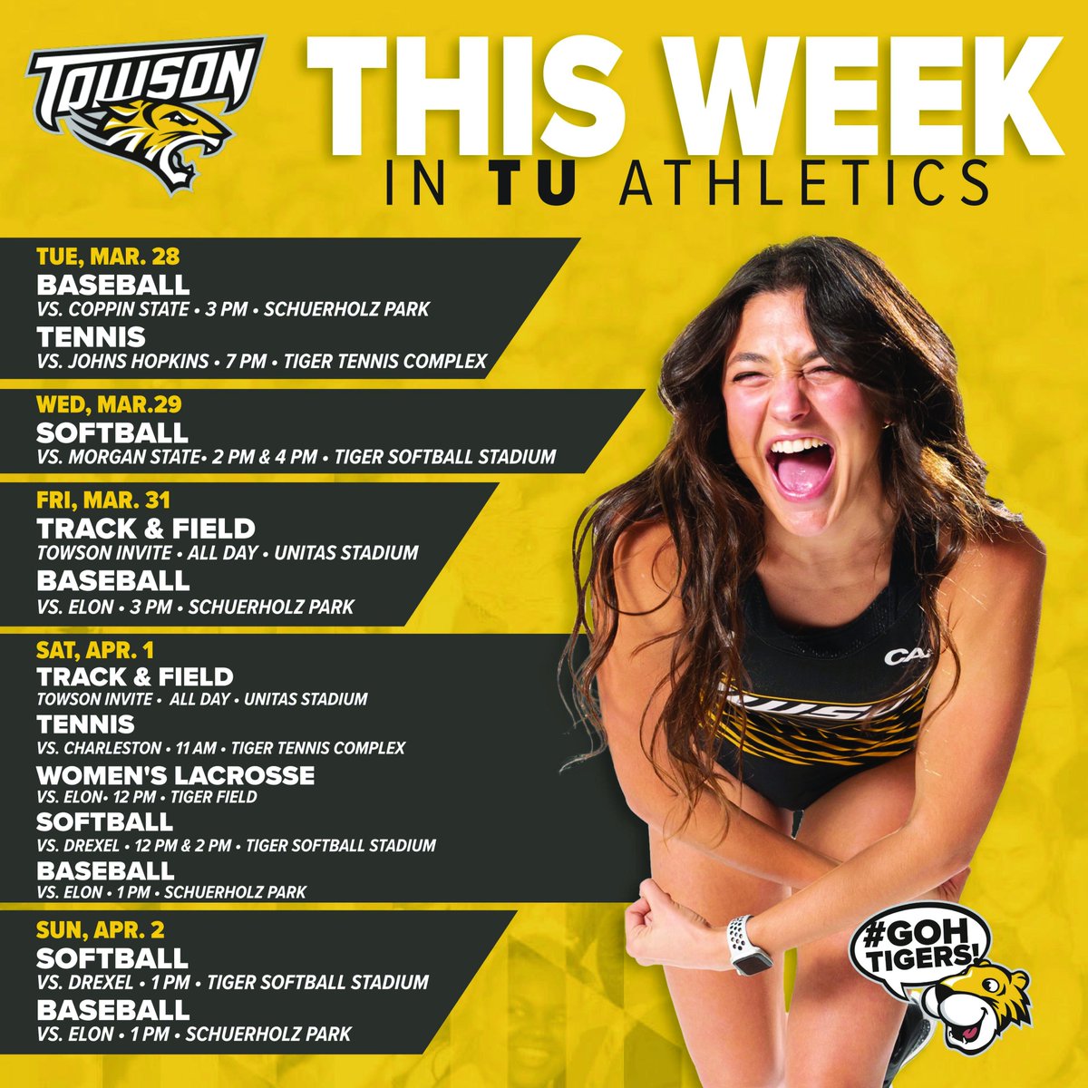 Welcome back students! Lots going on in TU Athletics this week, so come out and support the Tigers! #GohTigers | #UnitedWeRoar