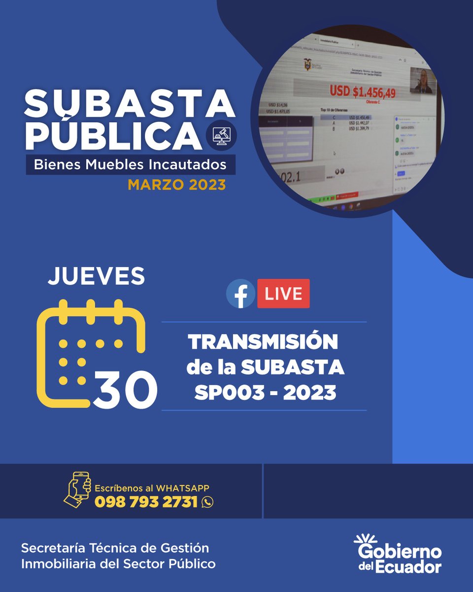 inmobiliarec's tweet photo. No te pierdas la #SubastaPública2023 de Bienes Muebles Incautados de este mes. 🚗🛋️🚢

Sigue nuestra transmisión en vivo, a través de nuestro canal de #FacebookLive. 

🗓️ Jueves, 30 de marzo
🔗 @InmobiliarEcuador https://t.co/KCTCSmNYwo
