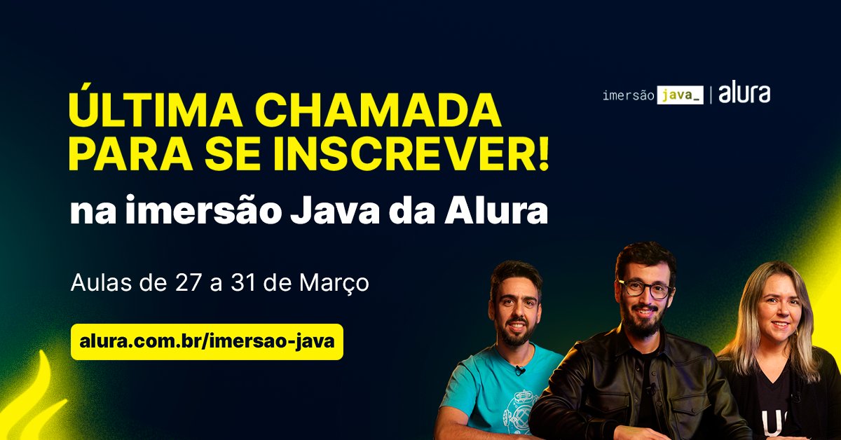 AluraOnline's tweet image. A #ImersãoJava está chegando! Você já garantiu sua vaga? 🎟

Estamos nos últimos dias de inscrição e 𝗵𝗼𝗷𝗲, às 18h30, teremos a nossa 𝗹𝗶𝘃𝗲 𝗱𝗲 𝗮𝗯𝗲𝗿𝘁𝘂𝗿𝗮 no nosso canal no Youtube! 😎

Nesta edição, você vai aprender a criar uma aplicação do zero utilizando #java 💻