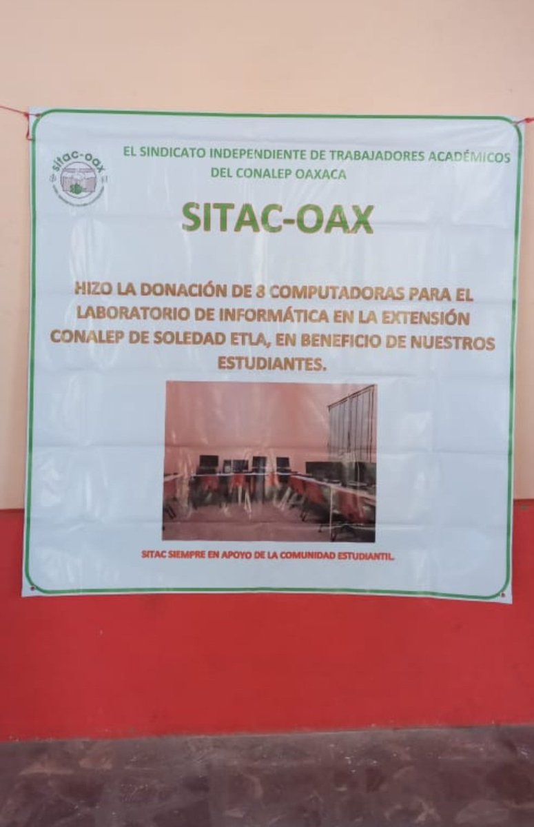 NachoVill4's tweet photo. SITAC-OAX. TRABAJAMOS POR LA EDUCACION CONALEP OAXACA
Sindicato Independiente de Trabajadores Académicos de Conalep Oaxaca. Donan 8 equipos de computo a Extensión plantel de Soledad Etla. 
@GobOax
@Delfina_GuzmanD 
@OIC
@CONALEP_Mex https://t.co/RLtfyidNq7