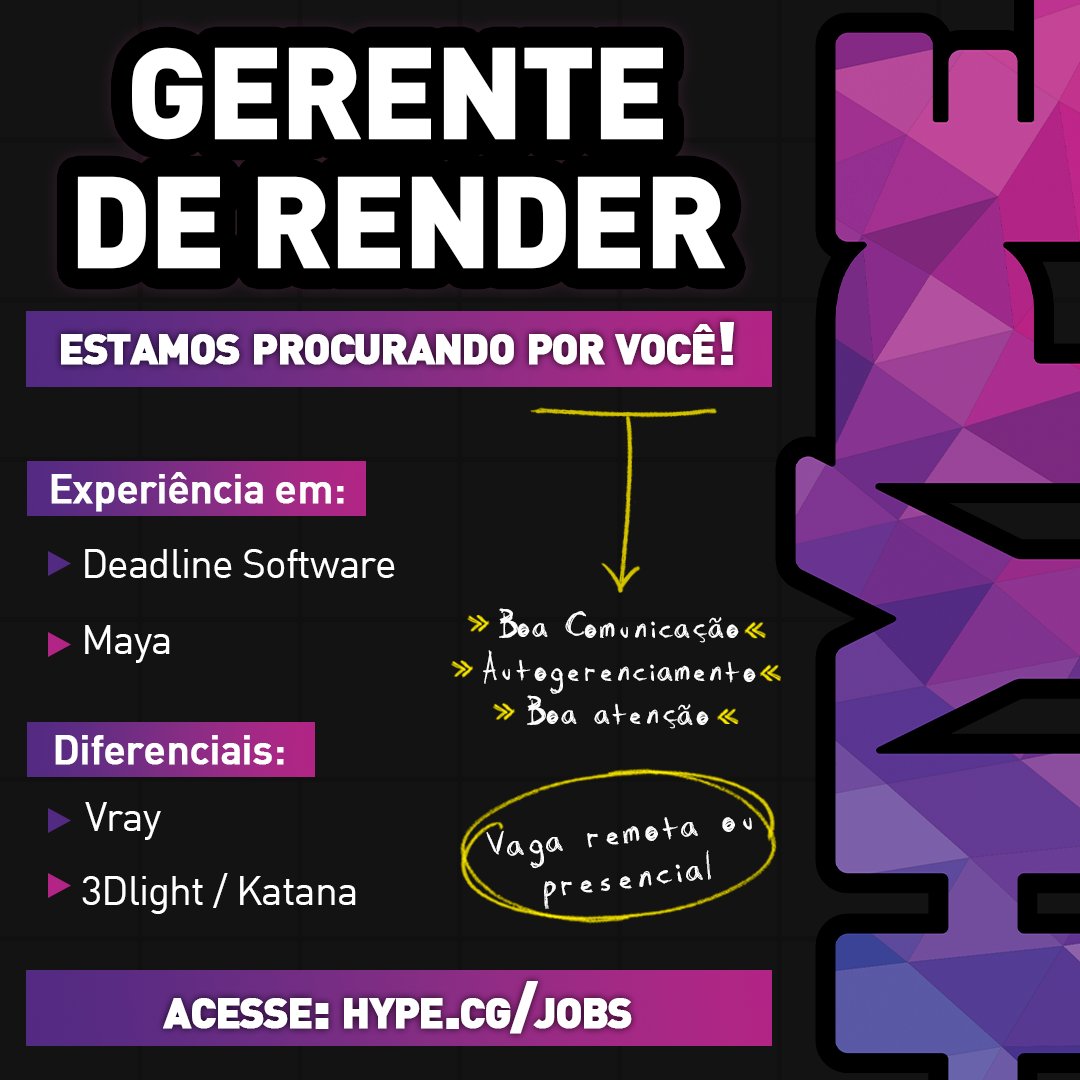 É Gerente de Render, tem experiência com Deadline e Maya e tá procurando um trampo num lugar incrível? A gente tá procurando por você também, mozão! Vem pra Hype porque tem vaga aqui! Se entender de Vray, 3Dlight/Katana tem uma chance ainda maior de dar match hein? #vaga #render