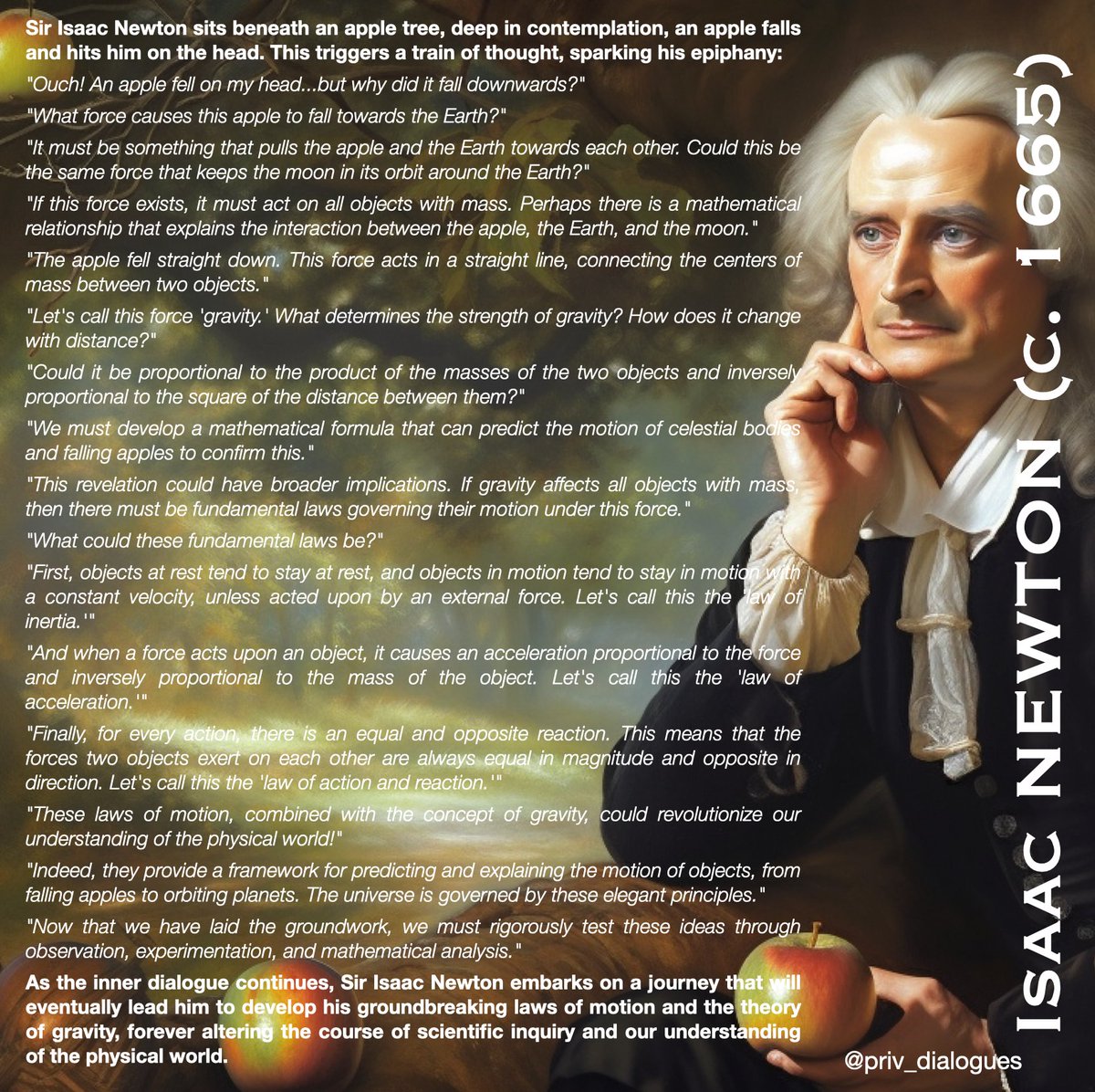 Inner dialogue of legendary moment when #IsaacNewton had his gravity epiphany! 🍏💡 #Gravity #Physics #Science #EurekaMoment #NewtonianPhysics #LawsOfMotion #UniversalGravitation #HistoryOfScience #STEM #Inspiration #PrivateDialogues