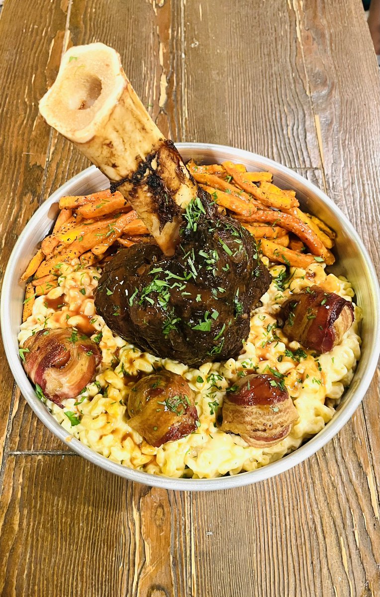LulaSadie's tweet photo. Lula and Sadie’s Test Kitchen…”Thor’s Hammer” - A Smoked Beef Shank Smothered in Our Sweet-N-Spicy BBQ Sauce on 5-Cheese Mac-N-Cheese and Rosemary Sweet Potato Fries with “Gator Bites” (Bacon Wrapped Alligator Boudin Sausage). COMING SOON!!!  #lulaandsadies #realfood #lakewood https://t.co/7tCKlEmaIx