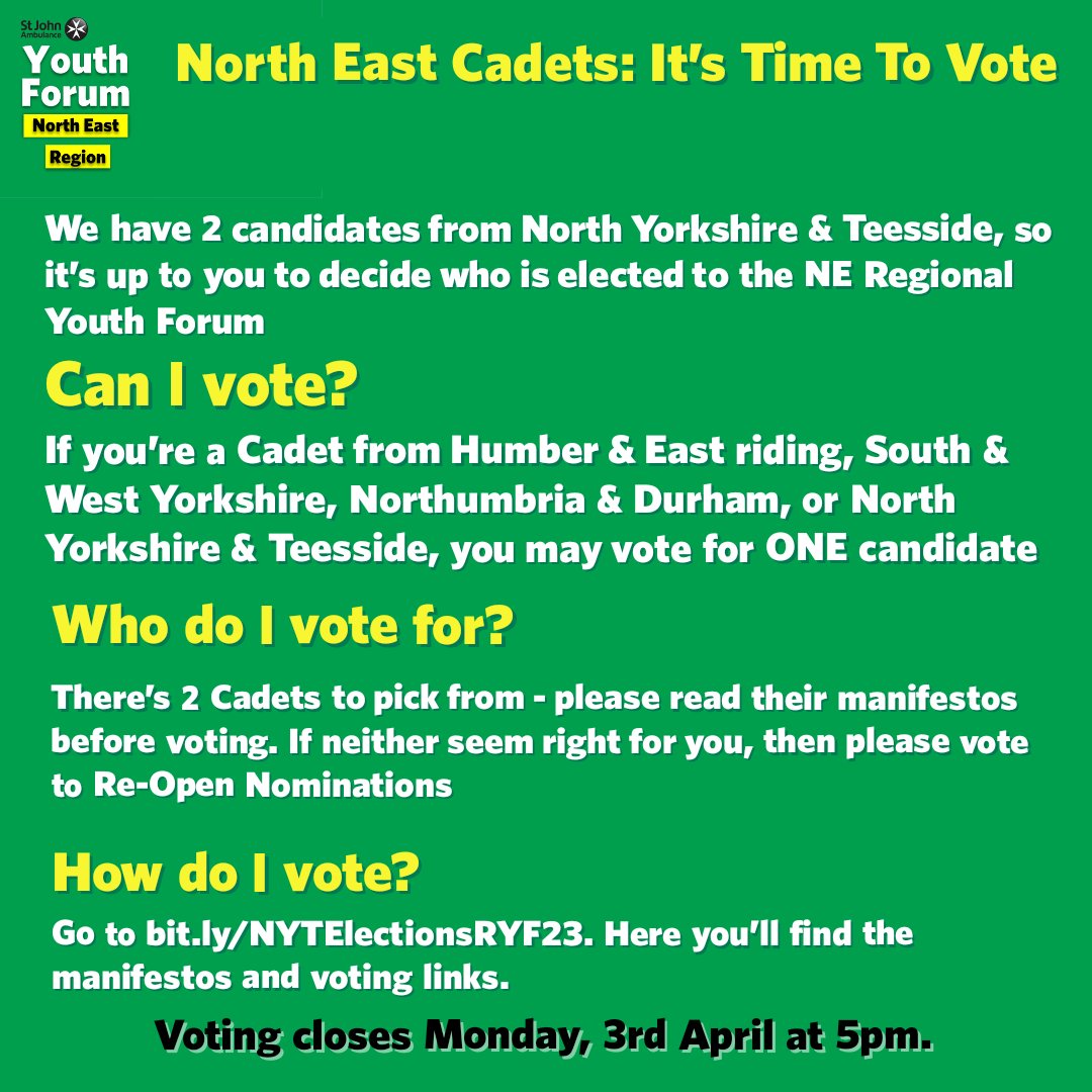 The North East RYF has opened its elections in North Yorkshire &amp; Teesside!

We have 2 fantastic Young People running, and it's up to Cadets in the North East to vote for their representative.

Voting closes on Monday 3rd April at 5pm.

Go to bit.ly/NYTElectionsRY… 
#elections