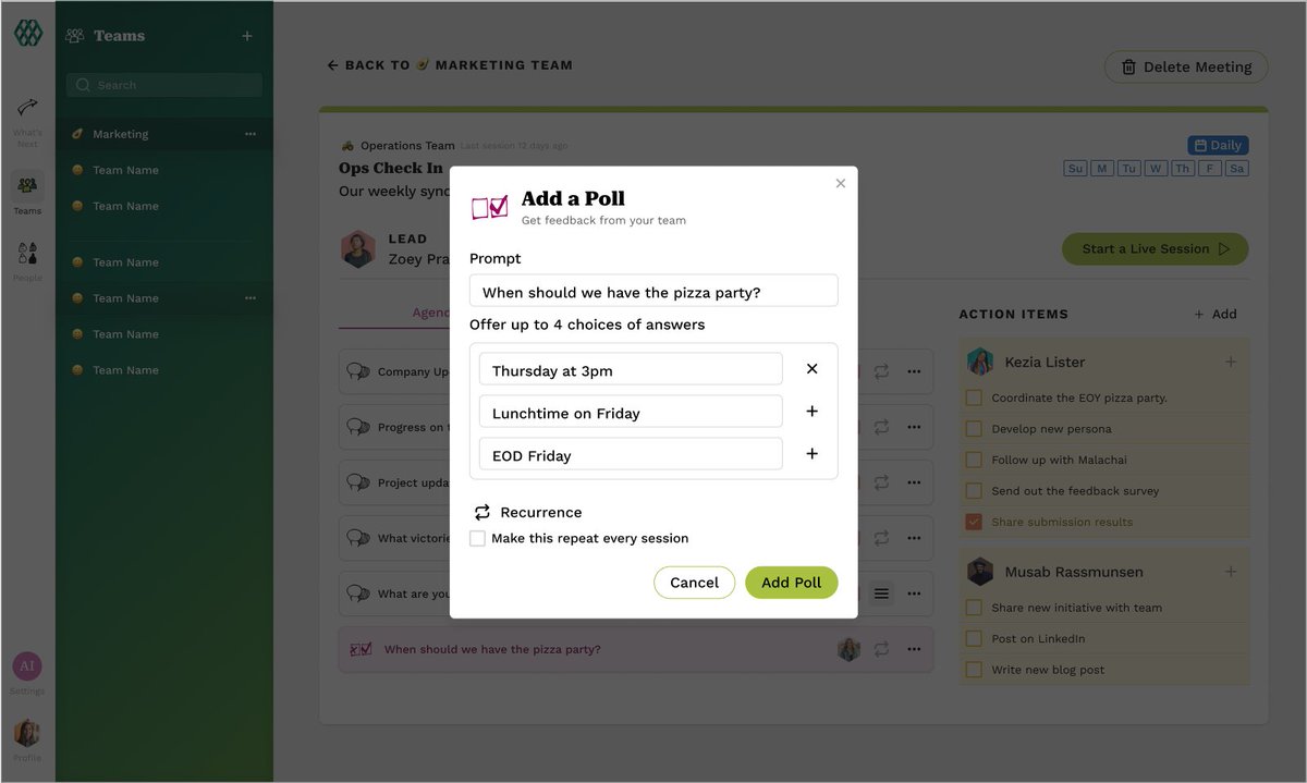TrellisWork_'s tweet image. 🎉 Our latest feature update now includes Meeting Leads, Follow-the-Leader, and even Polls! 📊 Elevate your team collaboration and boost productivity with these latest tools.  buff.ly/3z6SryG  #teamcollaboration #productivitytools #VirtualCollaboration #EfficientMeetings