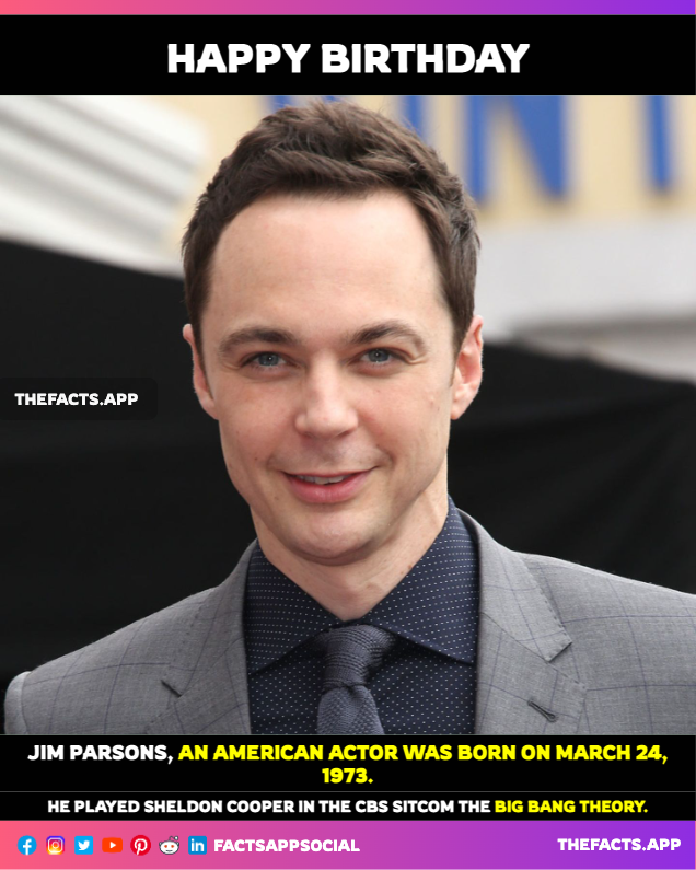 factsappsocial's tweet photo. #OnThisDay #DidYouKnow #JimParsons, American actor was born on March 24, 1973. He played Sheldon Cooper in the #CBS sitcom The #BigBangTheory. #SpoilerAlert #CallMeCat
https://t.co/tNPxG8EIsm https://t.co/CLygHbPyuW