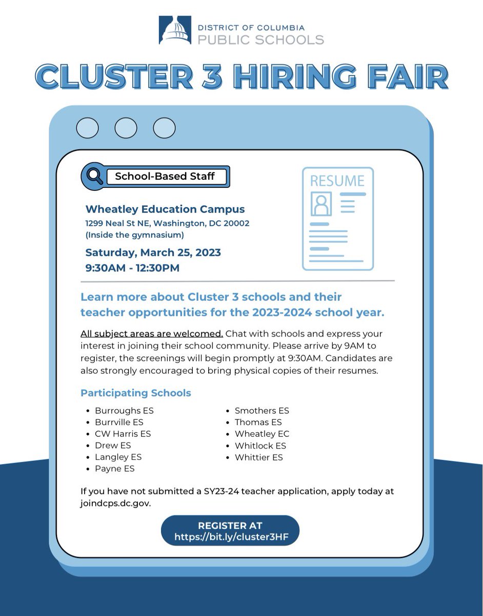 Whitlock ES (@whitlock_es) on Twitter photo π DONβT MISS OUT π
Tomorrow, Saturday 3/25, is the Cluster 3 Hiring Fair! Come out and chat with us about joining our school community! π»
9AM register @ Wheatley Ed Campus <a href="/dcpublicschools/">DC Public Schools</a> π DONβT MISS OUT π
Tomorrow, Saturday 3/25, is the Cluster 3 Hiring Fair! Come out and chat with us about joining our school community! π»
9AM register @ Wheatley Ed Campus <a href="/dcpublicschools/">DC Public Schools</a>