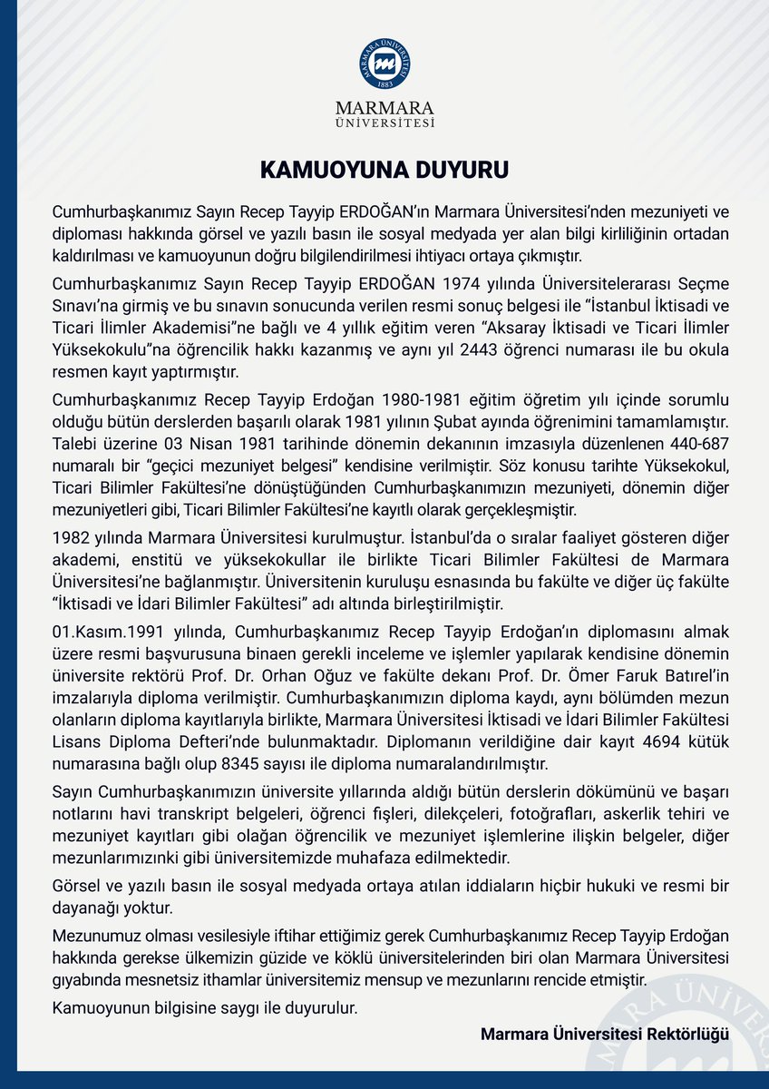 Marmara Üniversitesi'nden 10 paragraf açıklama yayınlamak yerine 1 tane diploma paylaşmasını bekliyoruz.