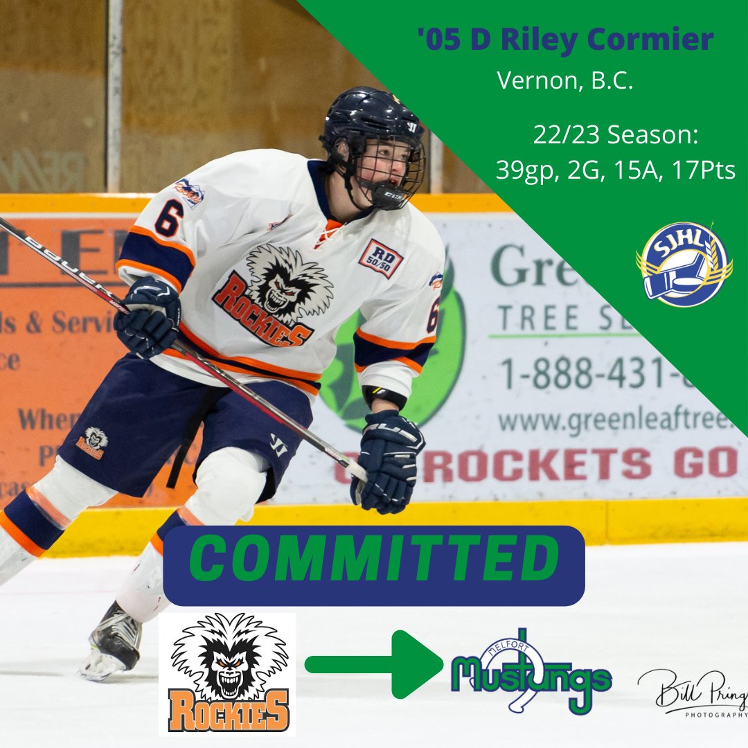 COMMITMENT:

The Mustangs are excited to announce that '05 D Riley Cormier has committed to the club for the 23/24 season!

Cormier spent this season with the <a href="/CV_Rockies/">CV Rockies</a> of the <a href="/KIJHL/">Kootenay International Junior ‘A’ Hockey League</a>!

Welcome to Melfort, Riley!