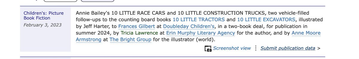 BOOK NEWS! 

If you enjoyed 10 LITTLE TRACTORS and 10 LITTLE EXCAVATORS, we’ve got more vehicle fun headed your way!

10 LITTLE RACE CARS and 10 LITTLE CONSTRUCTION TRUCKS are coming Summer 2024!

#kidlit #preschool #librarytwitter #Parents #teacher