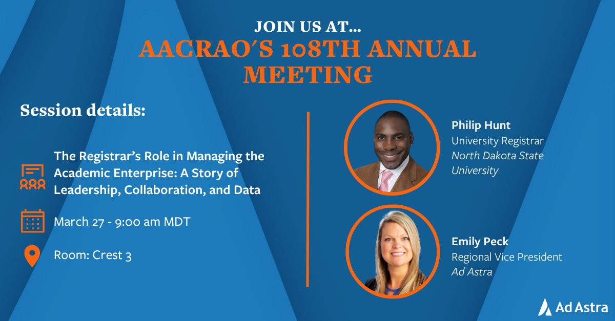 Explore how registrars are uniquely positioned to impact student success during Ad Astra's session at @AACRAO's 108th Annual Meeting. Don't forget to swing by Booth #227 and say hello 👋!