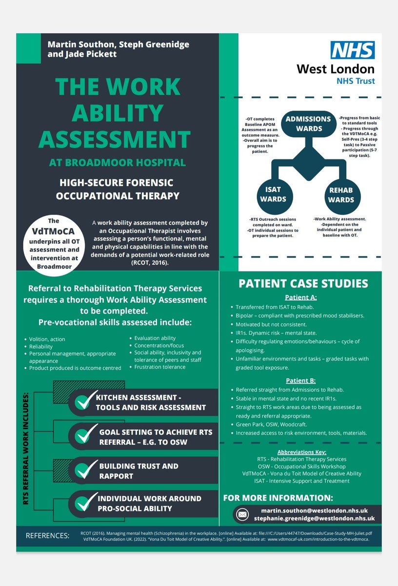 OTJadeP's tweet photo. For the Broadmoor OT Conference, my Practice Educator asked me to create a poster on the 'Work Ability Assessment at Broadmoor Hospital'.
The poster was presented today to the other OTs working within secure and community mental health settings
#OTconferenceHSS https://t.co/ZnhgShOLJI