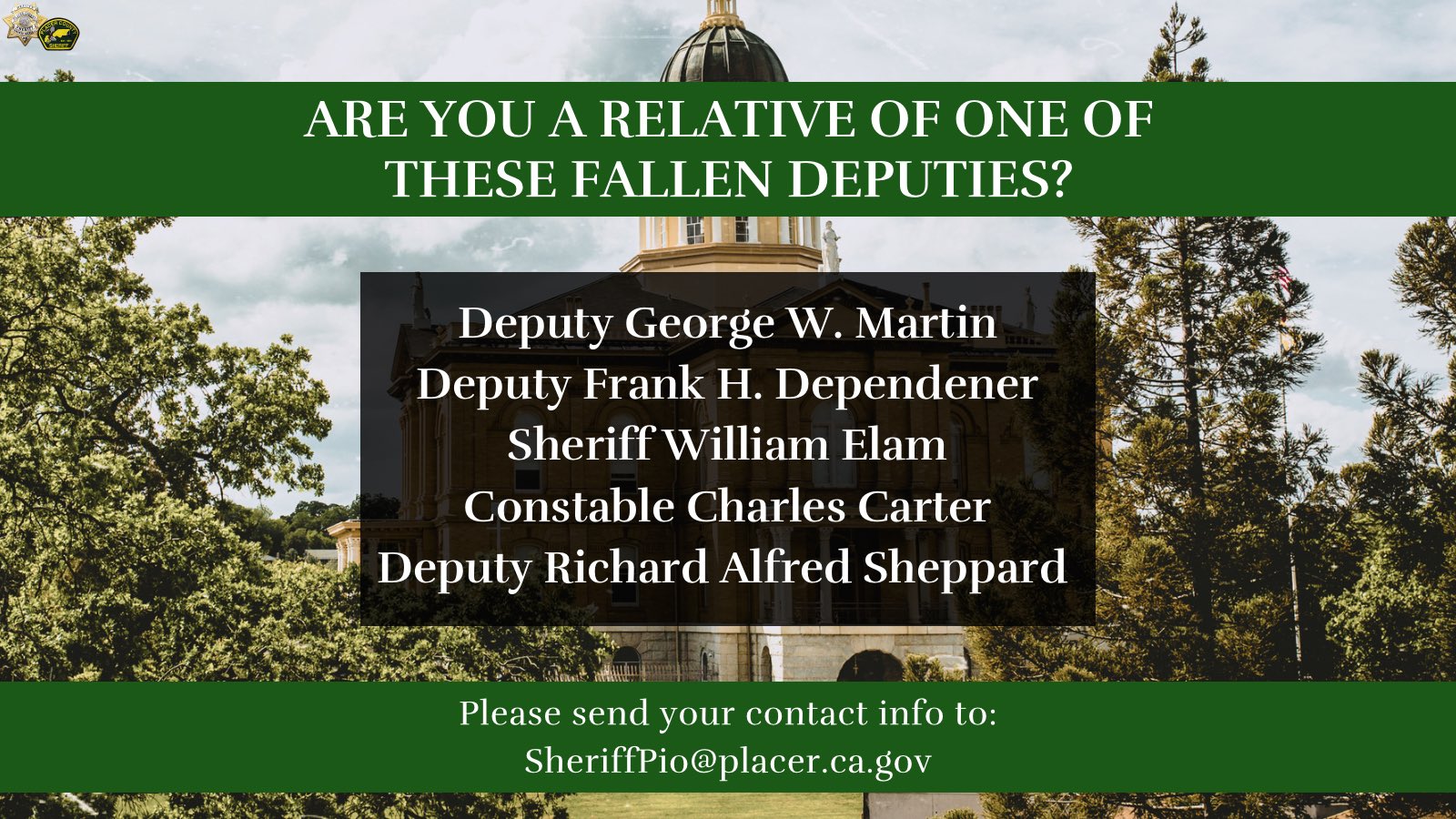 Placer Sheriff on Twitter: "#PlacerCounty and beyond, we need your help  getting in touch with family members/descendants of the following fallen  PCSO deputies. In our ongoing efforts to acquire historical data about #