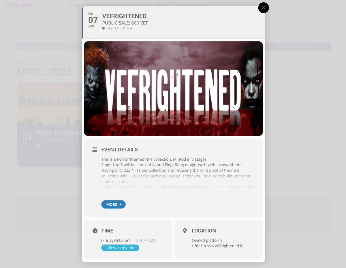 Hello #VeFam! 

We welcome <a href="/VeFrightened/">VeFrightened || sold out ||</a> to vecalendar.com 👏 

🗓️ Mint - 07th April 🗓️

➡️ Public sale - 6pm UTC - 666 $VET
➡️ Supply - 222 

$VET #VeChain #NFT