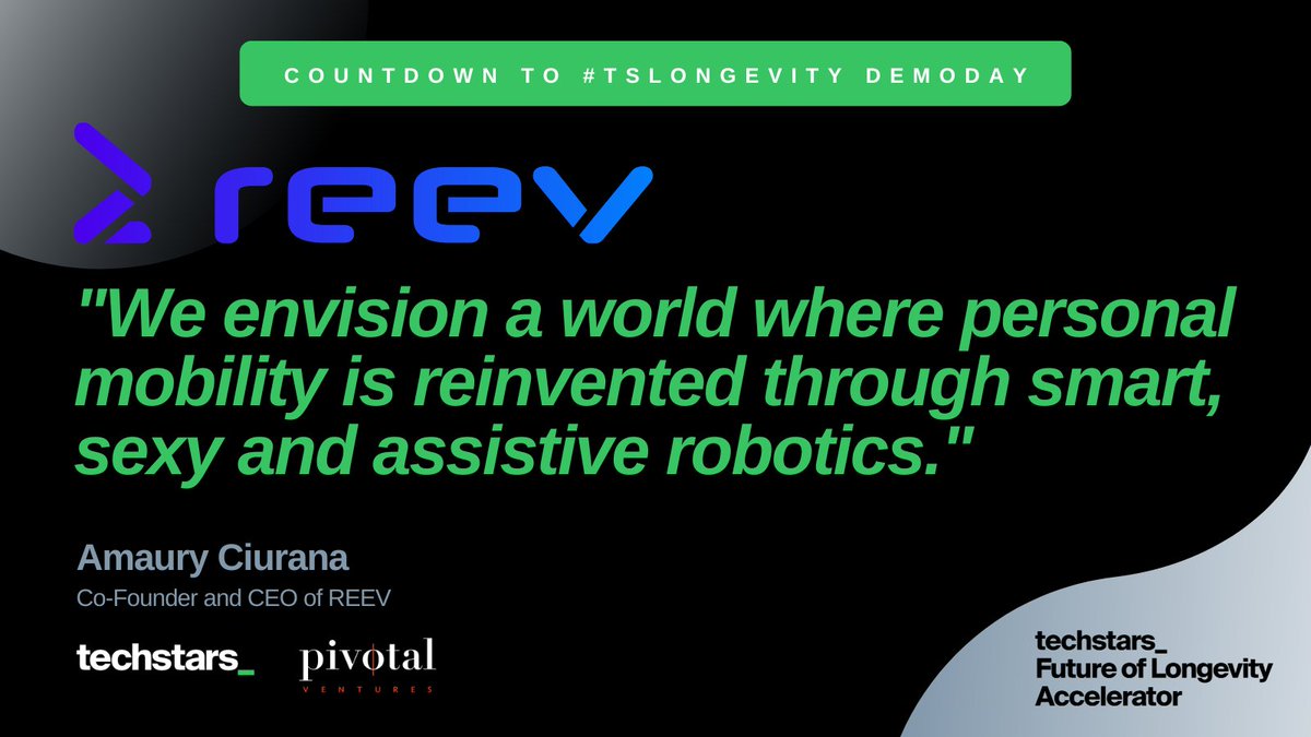 Today we are 6 (week)days away from the #TSLongevity Investment Summit and DEMO DAY! We will feature one company per day leading up to this event!

Today is <a href="/wearereev/">REEV</a>. Join us on April 3 to hear more.

Register here - tsta.rs/u5pv50Nryp2

<a href="/Techstars/">Techstars</a> <a href="/pivotalventures/">Pivotal Ventures</a>