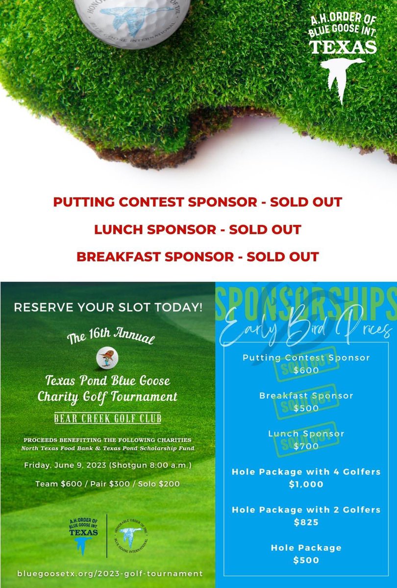 TexasPond's tweet photo. Thanks to the #bluegoosetx #charity #golf committee hard at work filling holes and slots. Early bird pricing ends soon. Please Gander, Goslings and Friends, do your part and sponsor today! https://t.co/9a1gKnrthq https://t.co/dXJo5VZ28h