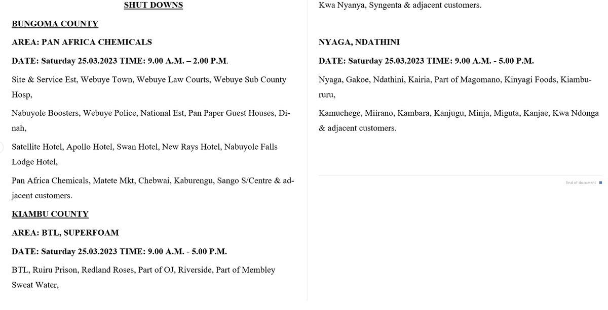 KenyaPower_Care's tweet photo. Hello. The following areas will be affected by planned maintenance tomorrow 25.03.2023 ^CK https://t.co/2FcnaxOndx