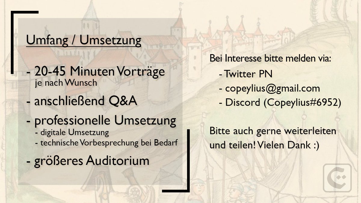 copeylius's tweet photo. Liebe Kolleg*innen aus der Geschichtswissenschaft.
Ich möchte in meinen Twitch-Streams weiterhin Wissenschaft anbieten. Und zwar in Form von epochenübergreifenden Science-to-Public Vorträgen. Dazu suche ich Forscher*innen die bereit sind, ihre aktuellen Projekte vorzustellen! https://t.co/CaDCmNMk2N