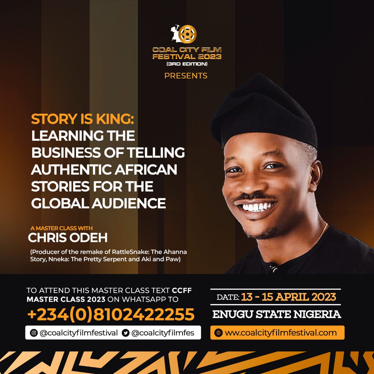 coalcityfilmfes's tweet photo. What is a good film without a well-crafted story? 
An authentic story is at the core of great filmmaking.

Coal City Film Festival presents a FREE masterclass with Chris Odeh, Producer of Rattlesnake: The Ahanna Story, Nneka the Pretty Serpent, Choke, amongst others. https://t.co/YPfaaAOGNk