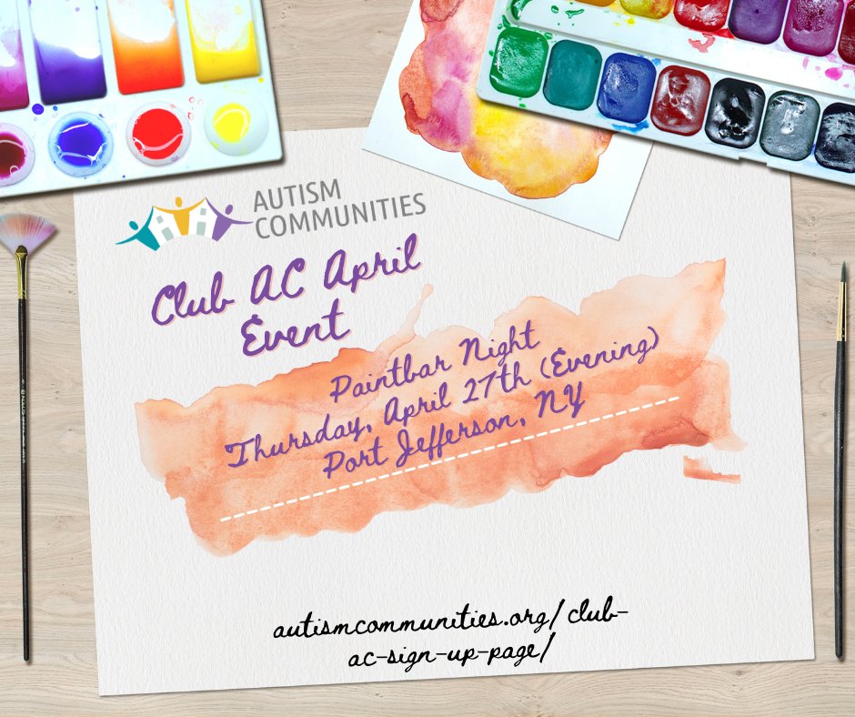 AutismComm's tweet image. We are very excited to see many of you next month for a new Club AC event at Muse Paintbar in Port Jefferson! To join in on the fun and make new connections, join Club AC at: autismcommunities.org/club-ac-sign-u… #autismcommunities #longisland