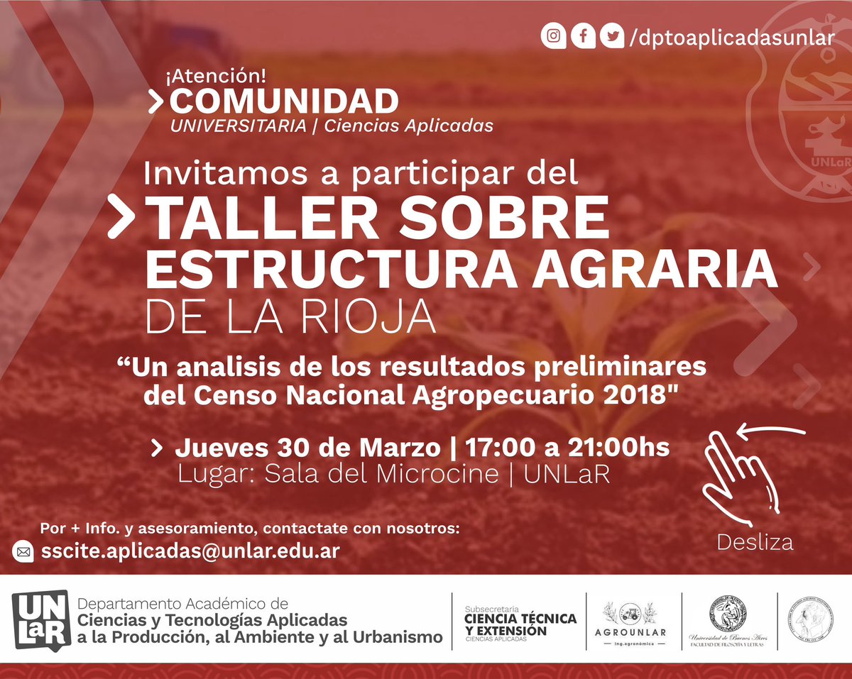 DptoUnlar's tweet photo. 🔺TALLER SOBRE ESTRUCTURA AGRARIA DE LA RIOJA | Cs.Aplicadas 

• Invitamos a participar del taller sobre estructura agraria de La Rioja. Completa el formulario de inscripción.
+ Info https://t.co/GQoODWZXso

🔺Gestión Aplicadas | 2023
🔺Extensión Aplicadas https://t.co/UzJc2QHVoj