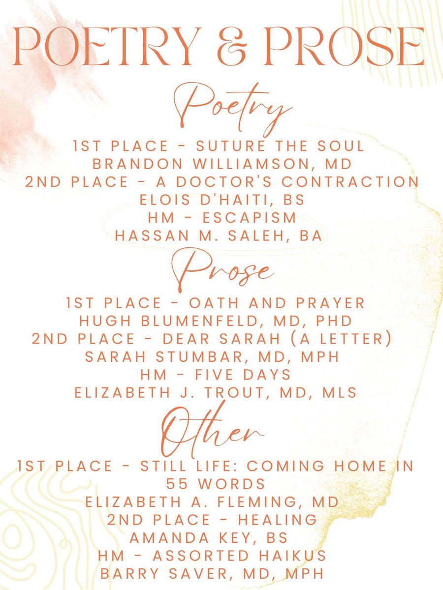 STFM_FM's tweet photo. STFM is thrilled to announce the 2023 Poetry & Prose Contest Winners. See the authors perform their winning pieces at the 2023 STFM Annual Spring Conference. Register now.
https://t.co/AMuoPsdX3P
#AN23 #FMRevolution #FamMedEd #teachandtransform https://t.co/4JVyzt0vXk