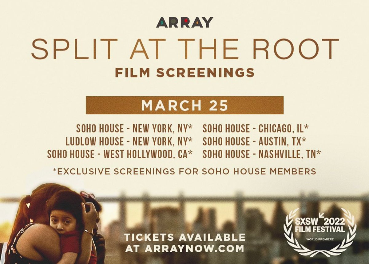 LParrillaNews_'s tweet photo. Saturday, March 25th #SplitAtTheRoot will be showing at various @sohohouse locations across the country.
Exclusive screenings for Soho House members.
📸: @SplitAt https://t.co/GMIHZkOWdg