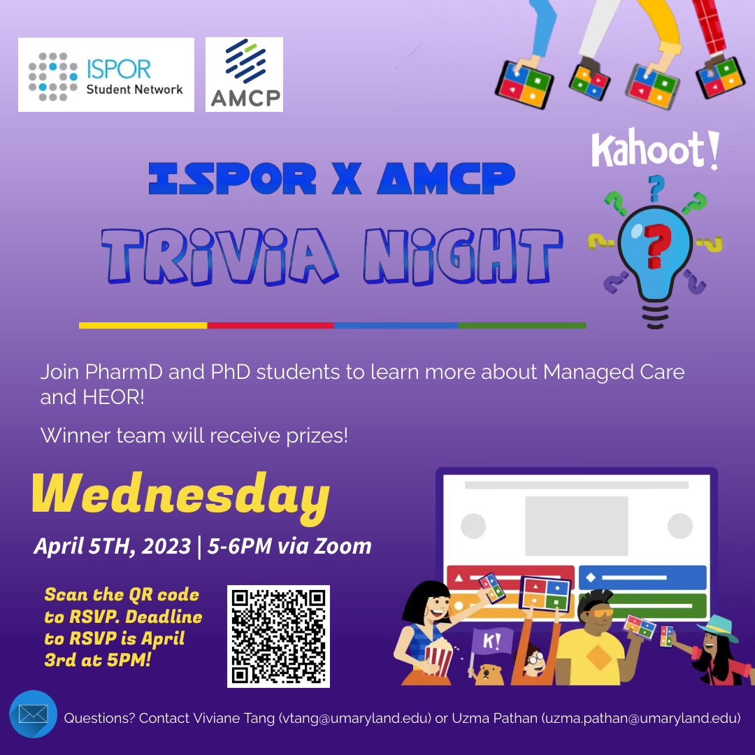 UMB_ISPOR's tweet photo. @UMSOP_P_SHOR @UMB_PHSRxHealth 
UMB-ISPOR student chapter in collaboration with the AMCP chapter  is hosting a virtual trivia night. Please use the QR code in the attached image to register for the event. https://t.co/MDeJgnWpAA