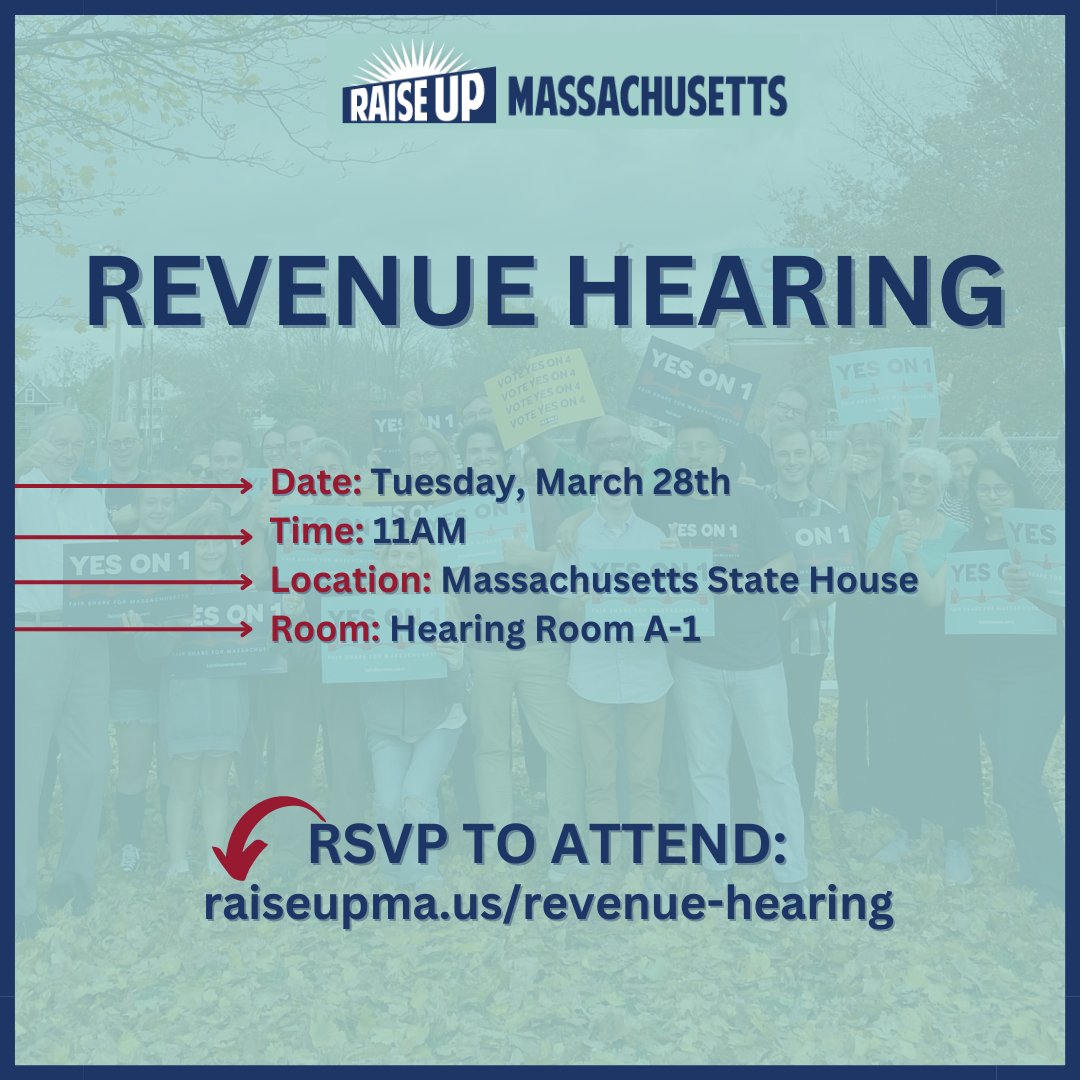 RaiseUpMA's tweet photo. JUST IN: The Legislature will be having a hearing about Gov. Healey's tax proposal as well as one of our priority bills on TUESDAY at 11 am. 

Will you be there? 

Sign up to make your voice heard. #mapoli 

https://t.co/Ld4SylsdzY https://t.co/cEnwBfn4yq