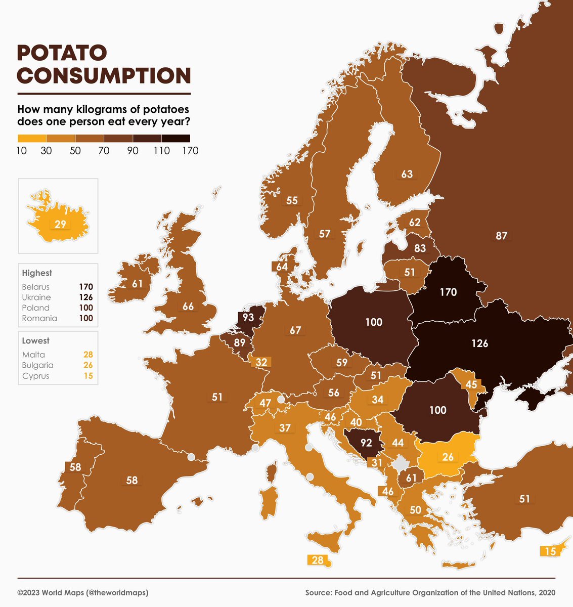 Potato consumption per capita in #Europe: #Belarus, #Ukraine, #Poland and #Romania lead the way