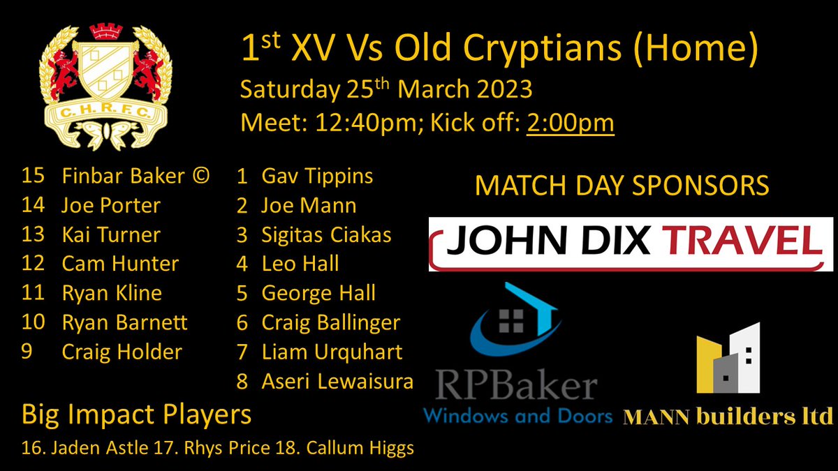 Tomorrow we host <a href="/OldCryptiansRFC/">Old Cryptians RFC</a> in our final league game. The lads can be proud of their efforts this season, we are moving in the right direction  and want to finish the season on a high.

Everyone welcome to come along and support.

#chrfc #keepthebusrolling 🟡⚫️🏉