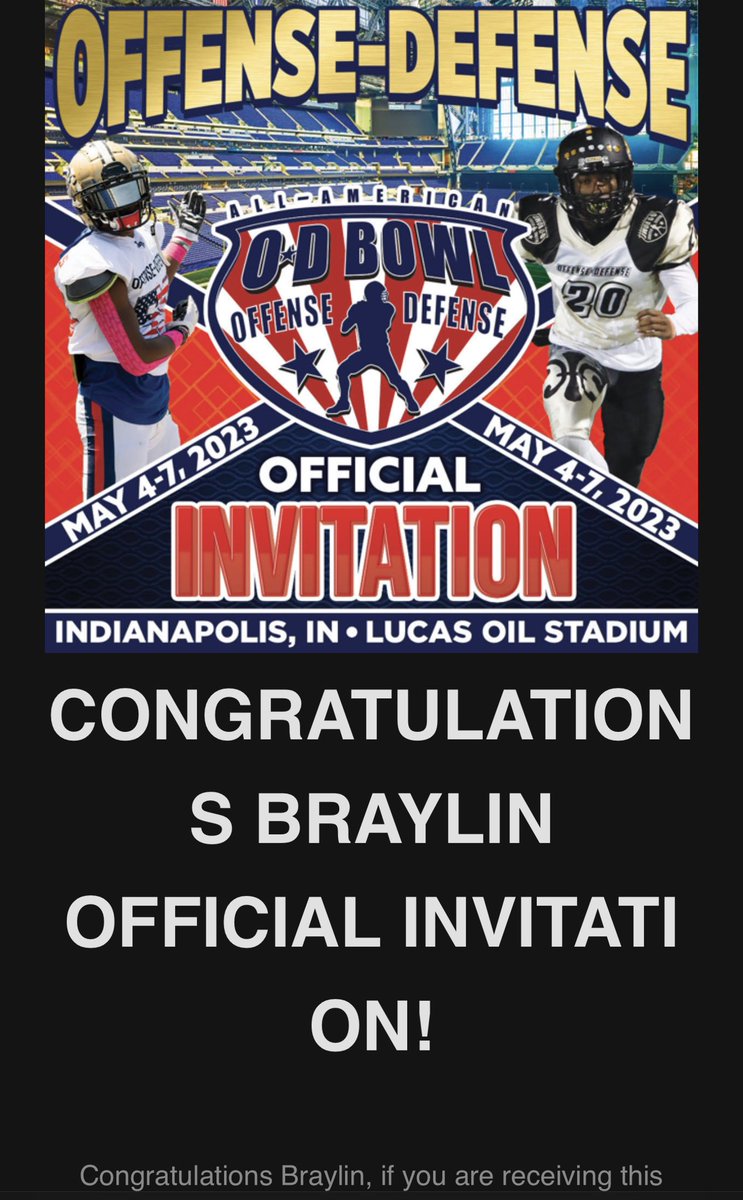 Thank you for the invite to the O-D All-American Bowl‼️I will be there and ready to compete🔥🔥🔥See you in Indy‼️@PlayBookAthlete #OD4Life #WHYIGRIND @Coach_Spanton @HD3_FITNESS @coach_Wiss @coachmcthompson @RBCoachPaige @CoachMorgan_OL @CoachDunny @CoachOBrown