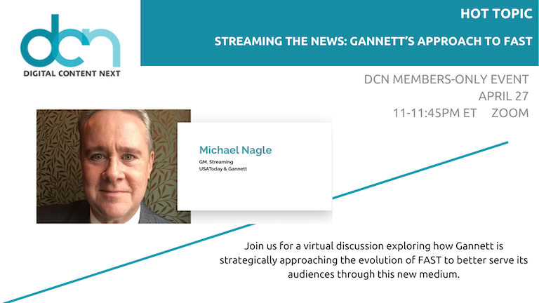 DCNorg's tweet photo. Hot Topic discussion: DCN members-only VIRTUAL event. 
Streaming the news: Gannett’s approach to FAST

April 27   11-11:45 ET on Zoom

DCN members register today for this free event: https://t.co/Xlr1S6nqzd

#DCNlive     @Gannett https://t.co/G0aJDzwTcI