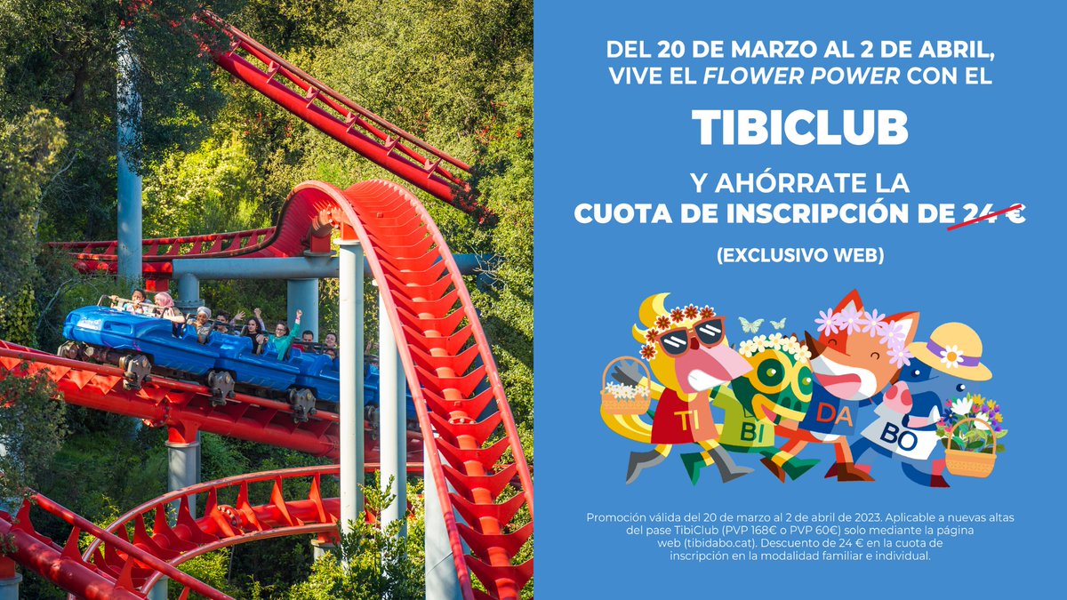 parctibidabo's tweet photo. ¡La primavera ya está aquí y queremos celebrar su llegada con una gran promoción! 🌸 Del 20 de marzo al 2 de abril de 2023, únete al #TibiClub y ahórrate la cuota de inscripción de 24 €! 🙌 https://t.co/DkVJpkRy1h https://t.co/16dvbJy3eo