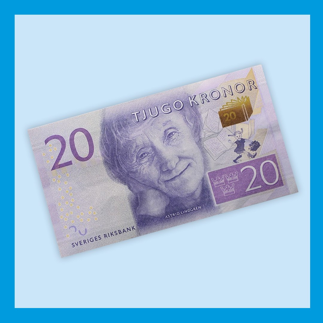 Since 2015 Astrid Lindgren and Pippi Longstocking adorn the new Swedish 20 crown banknote. The new banknotes are decorated with people who have made a positive and lasting cultural impact during the 20th century.