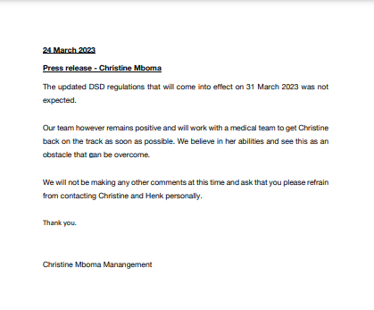 OBSTACLE: Christine Mboma's team issued a statement in response to a recent decision by the IAAF to prohibit athletes with elevated levels of testosterone from participating in Diamond League events, unless they reduce their testosterone levels six months prior to the competition
