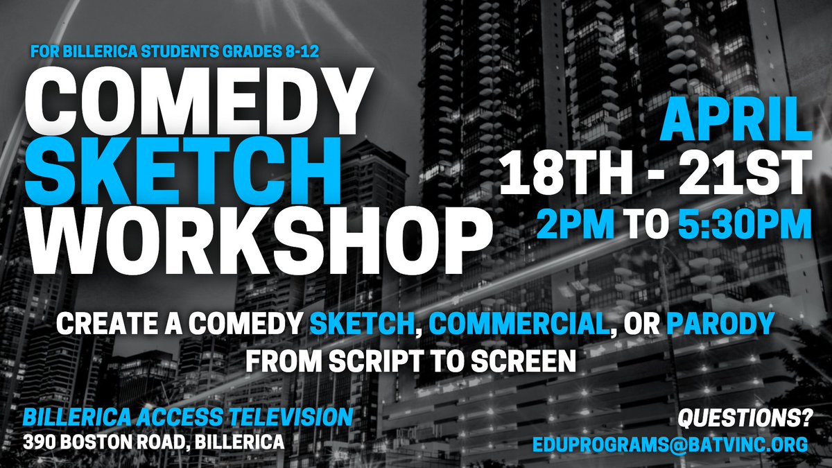 Spend April Vacation @ BATV!  
4-7th Grds: Write, film, and star in your very own superhero movie trailer
8-12th Grds: Create a comedy sketch, commercial, or parody from script to screen 
Both Workshops will have a maximum capacity of 12; sign up now! ow.ly/TEE550Nrzpu
