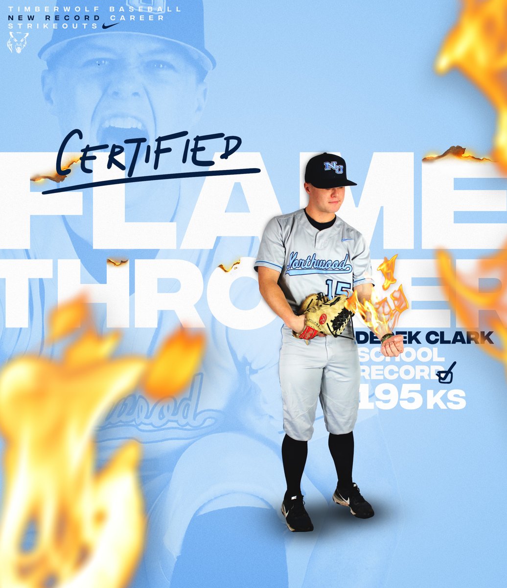 nutimberwolves's tweet photo. 🚨🚨🚨 RECORD ALERT 🚨🚨🚨

Junior Derek Clark  is now the @Northwood_BSB all-time leader in strikeouts!!! His sixth punch-out against Tiffin today gives him 195 for his career, breaking the old mark of 194 set by Tyler Jandron! https://t.co/U26jm1A61Y