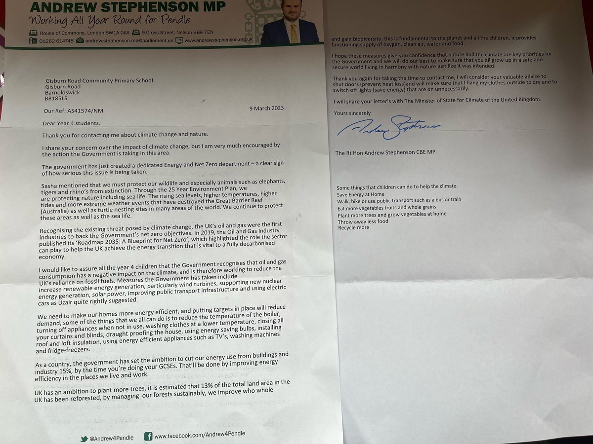 Gisburn Road School (@gisburnroad) on Twitter photo Thank you to <a href="/Andrew4Pendle/">Rt Hon Andrew Stephenson CBE</a> for taking the time to reply to our Year 4 pupils. It made their day! 😀 #ecowarriors Thank you to <a href="/Andrew4Pendle/">Rt Hon Andrew Stephenson CBE</a> for taking the time to reply to our Year 4 pupils. It made their day! 😀 #ecowarriors